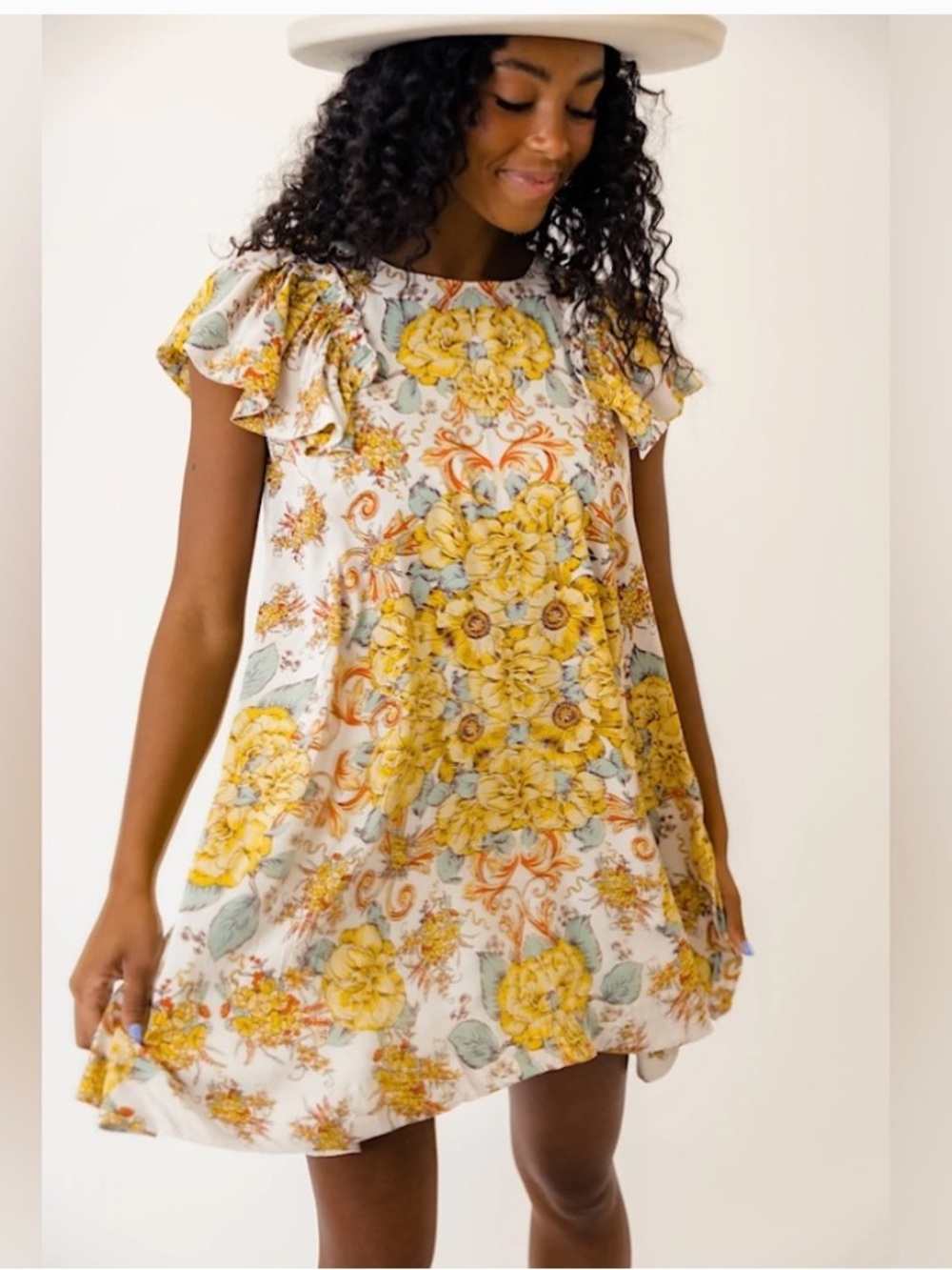 Free People Yara Floral Yellow Ruffle-Sleeve Boho Dress M in tea combo ivory